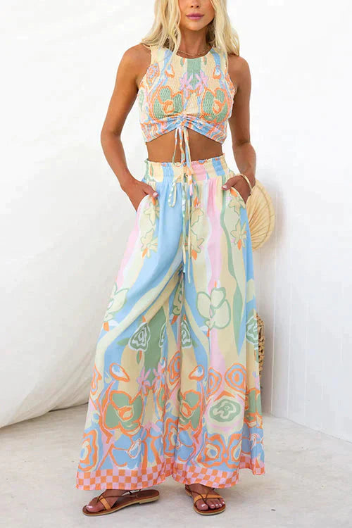 Floral Print Elastic Waist Set