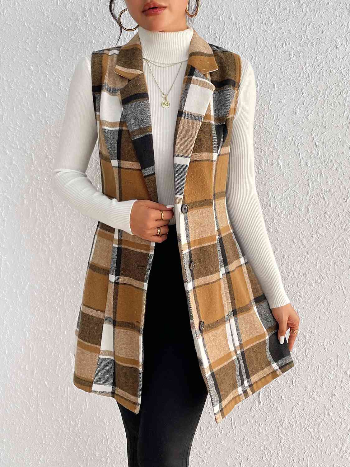 Women's - Chic Plaid Lapel Collar Vest - Stylish Layering Essential