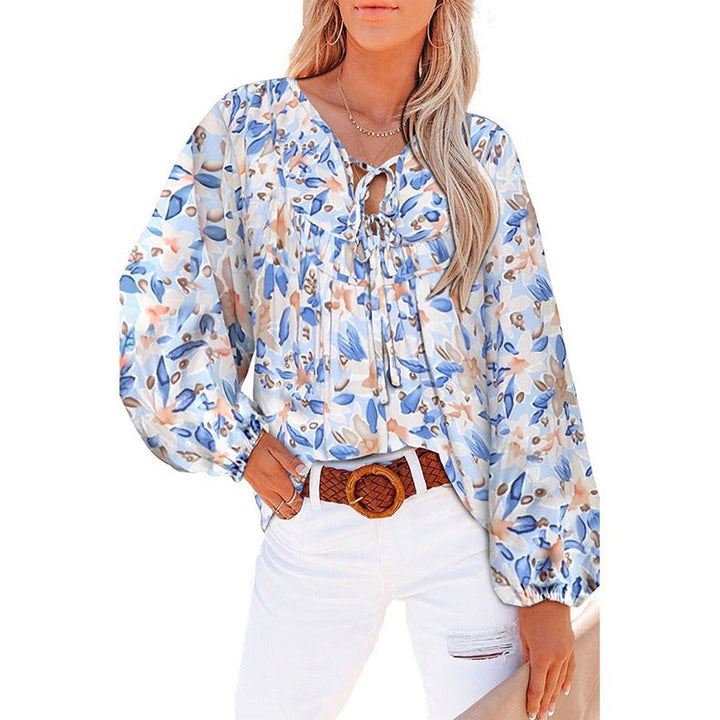 Women's floral ruffle blouse tie V-neck top