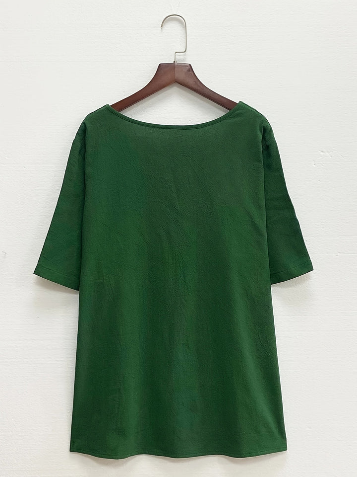 Women's - Oversized Linen Blouse - Casual Short-Sleeved Jumper Shirt with Print - Stylish Summer Top