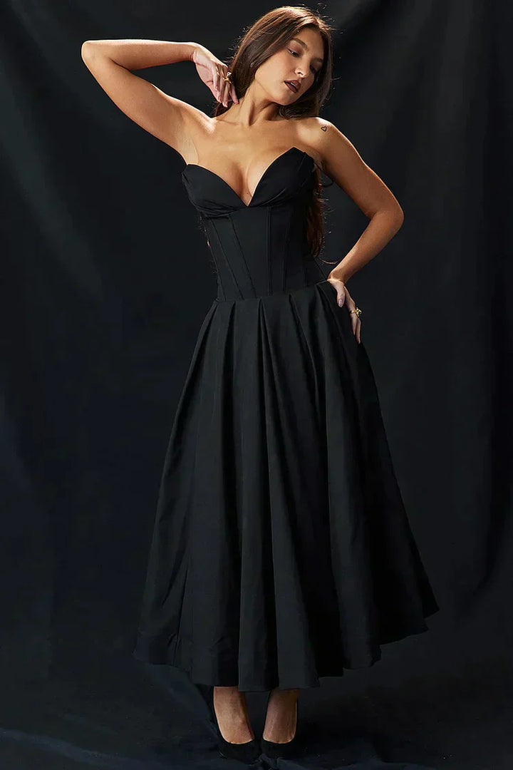 Strapless dress with deep V-neckline