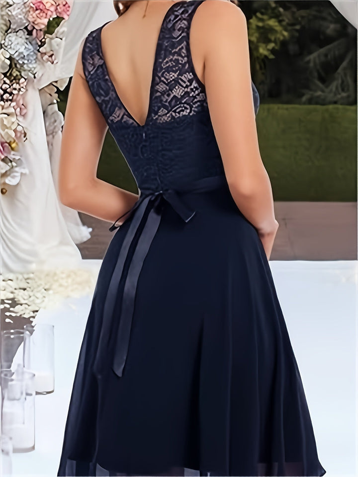 Women’s - Summer Dress - Pleated A-line with Lace Patchwork - Elegant Knee-Length Round Neck Style