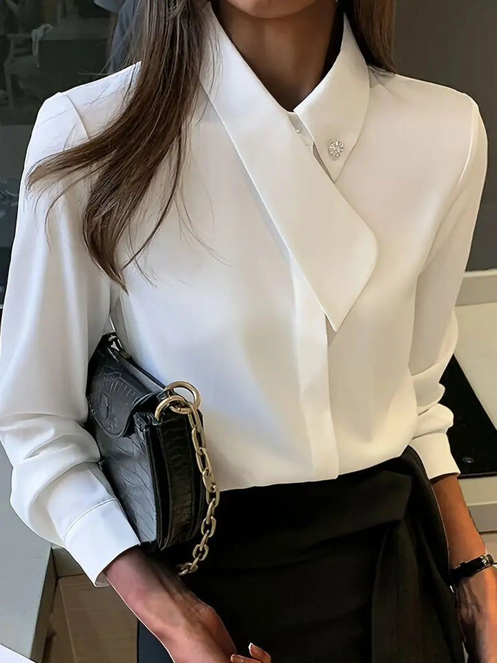 Elegant stand-up collar blouse with concealed button placket