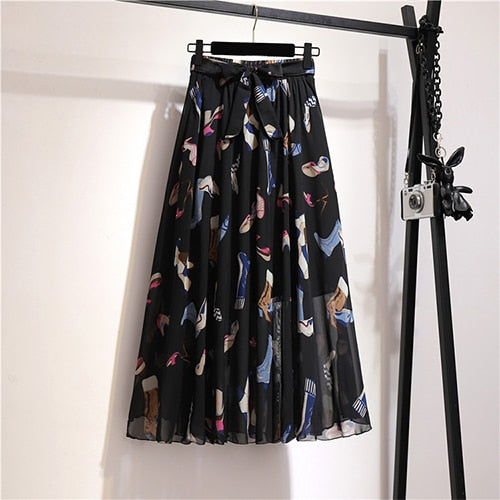 Modern retro skirt printed chiffon dress pleated skirt