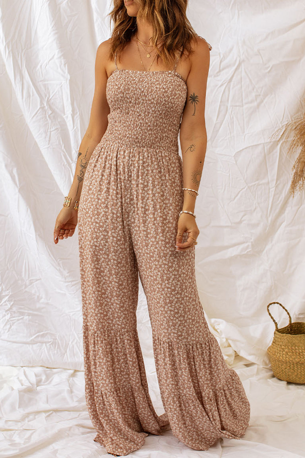 Floral spaghetti strap smocking jumpsuit with wide leg