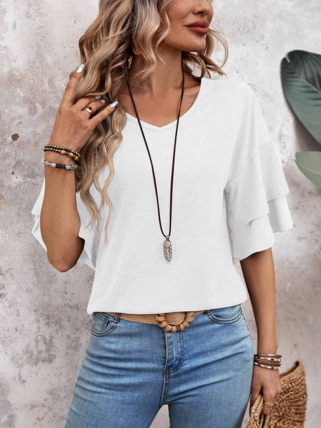 Women's - V-Neck Half Sleeve Blouse - Soft Fabric - Stylish Top