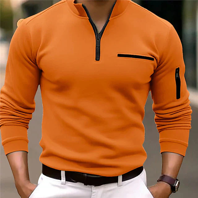 Long-sleeved sports polo shirt with stand-up collar and zip, single-coloured