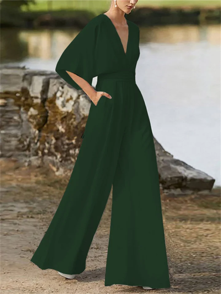 Women's - V-neck Jumpsuit - Wide Leg Design