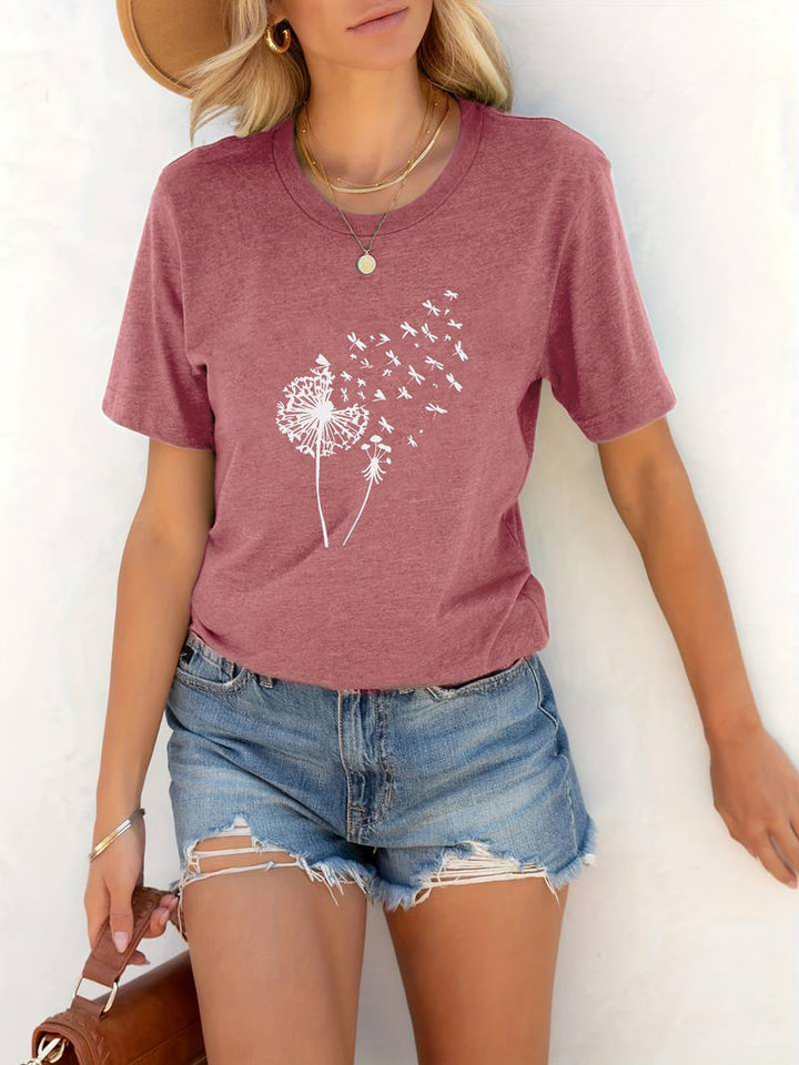 T-shirt with dandelion print and round neckline