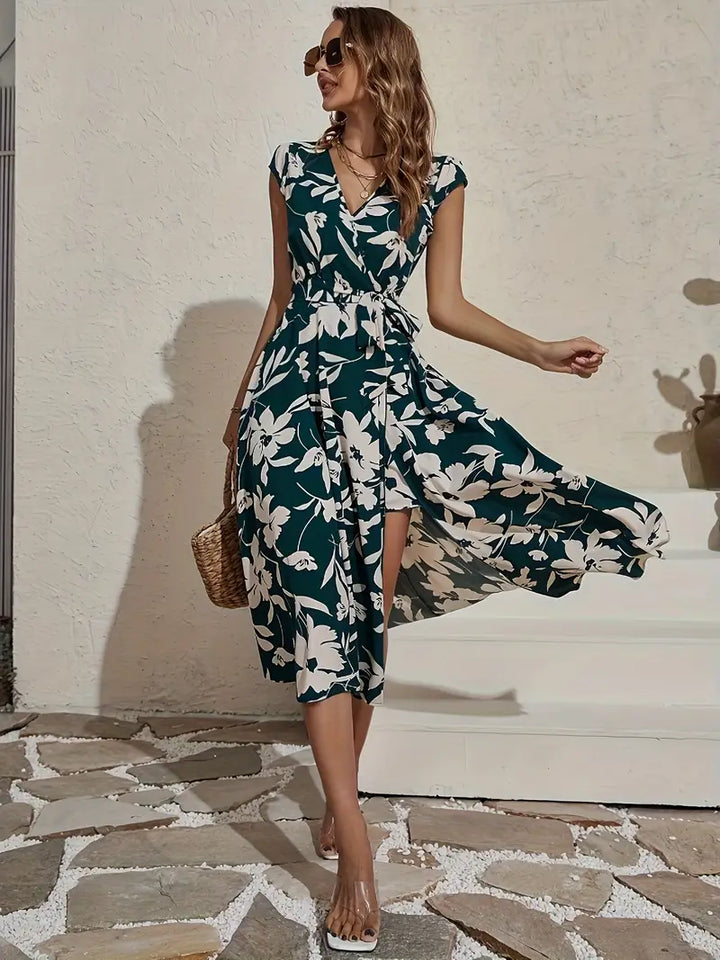 Dress with floral print and V-neckline