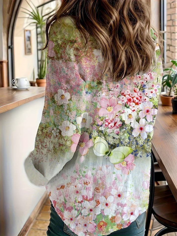 Women's -  Linen Shirt - Floral Pattern, Long Sleeves & Upturned Collar - Romantic Style for Effortless Elegance