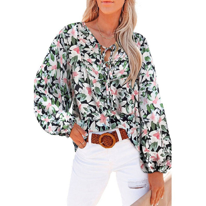 Women's Floral Ruffle Blouse Tie V-Neck Top