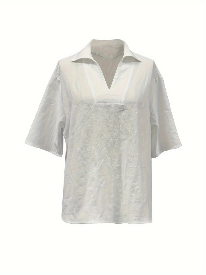 Women's - Linen Blouse - V-Neck, Loose & Breathable - Perfect White Summer Top for Effortless Style