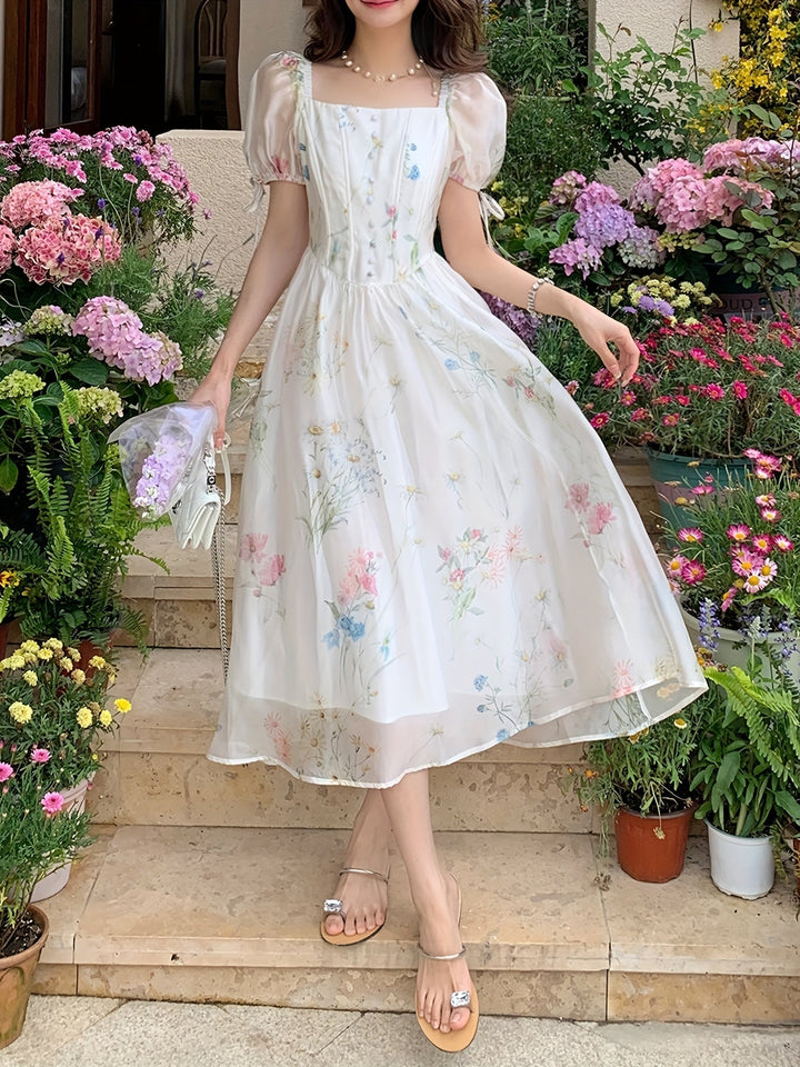 Women's - Floral A-line Midi Dress - Lightweight & Elegant with Pockets - Perfect Summery Style for Any Occasion