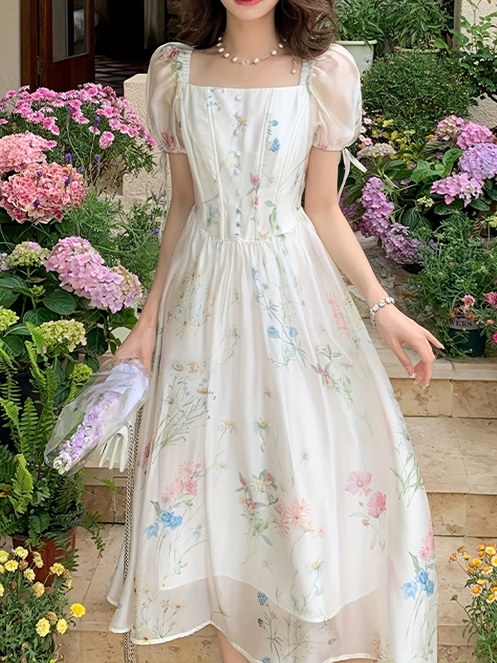 Women's - Floral A-line Midi Dress - Lightweight & Elegant with Pockets - Perfect Summery Style for Any Occasion