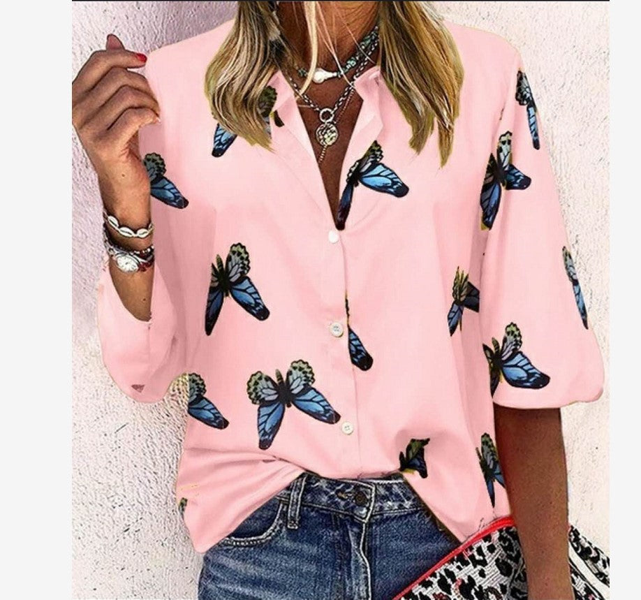 Trendy New Butterfly Print Lapel Blouse Fashion