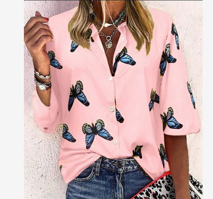 Trendy New Butterfly Print Lapel Blouse Fashion