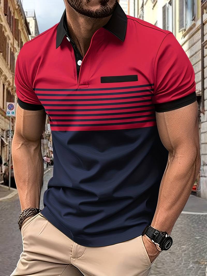 Casual Short Sleeve Striped Polo Shirt For Men