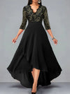 Maxi Dress With V-Neck, Three-Quarter Sleeves and Lace Edge