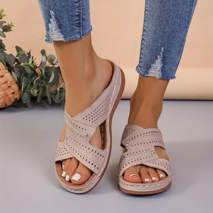 Women's - Vintage Flat Slide Sandals - Rhinestone Embellished & Comfortable - Perfect Summer Footwear