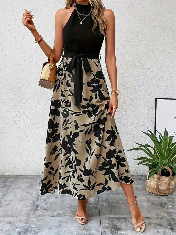 Halter neck splice dress with floral print