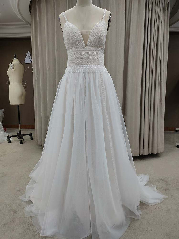 Timeless lace braces wedding dress