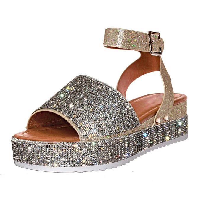 Platform wedge sandals with rhinestones