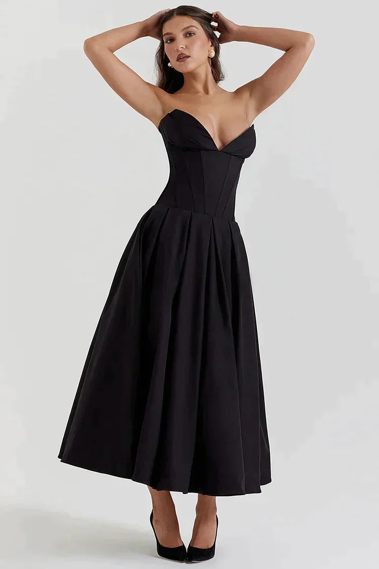 Strapless dress with deep V-neckline