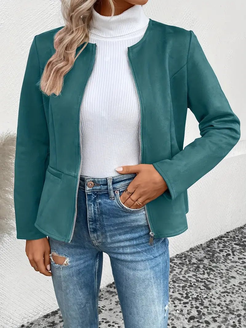 Women's - Tailored Jacket - Minimalist Zip-Up Design - Smart Casual Outerwear