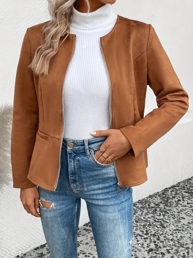 Women's - Tailored Jacket - Minimalist Zip-Up Design - Smart Casual Outerwear