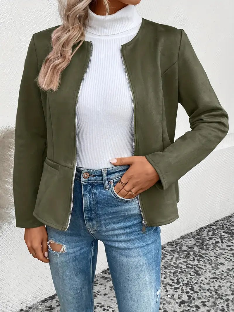 Women's - Tailored Jacket - Minimalist Zip-Up Design - Smart Casual Outerwear