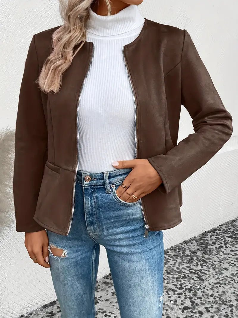 Women's - Tailored Jacket - Minimalist Zip-Up Design - Smart Casual Outerwear