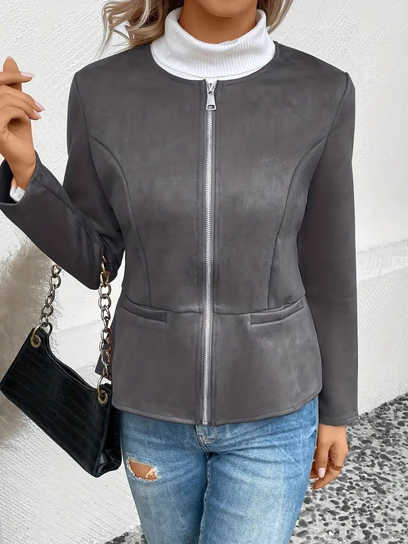 Women's - Tailored Jacket - Minimalist Zip-Up Design - Smart Casual Outerwear