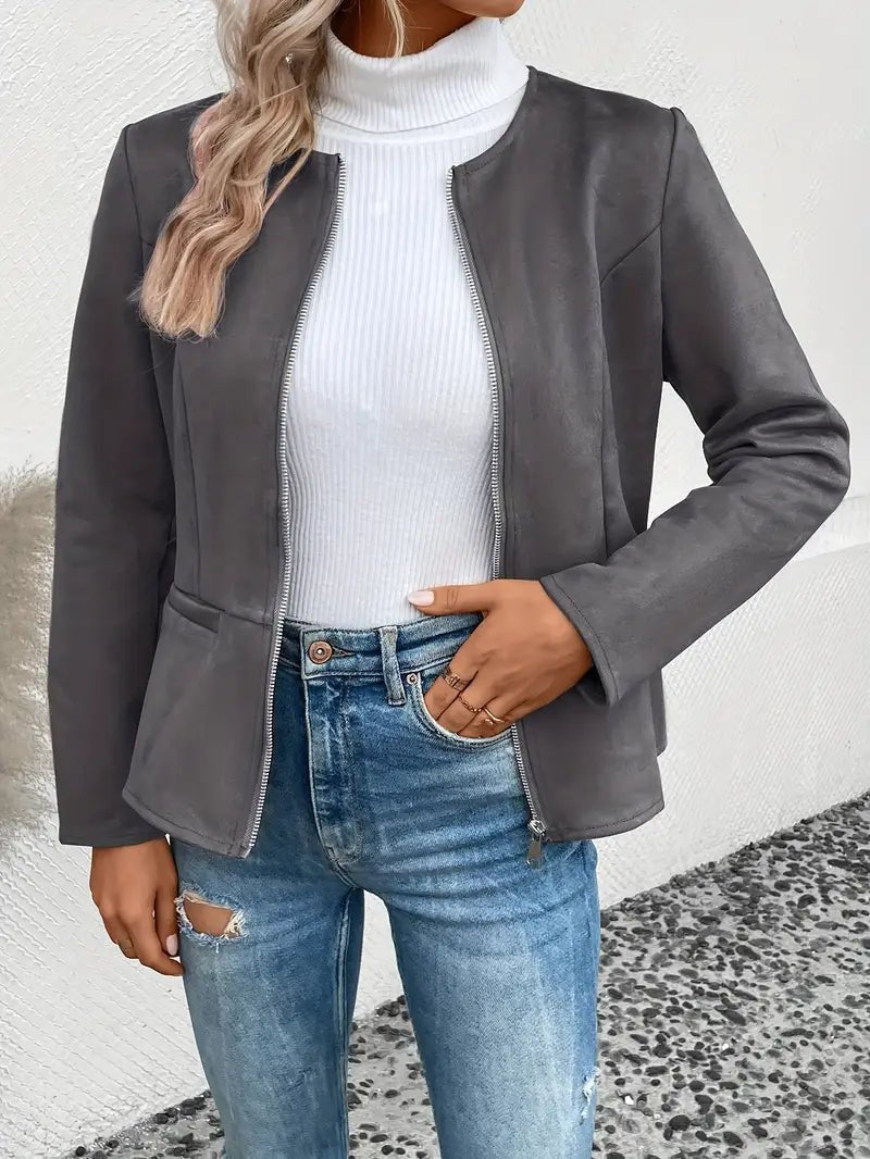 Women's - Tailored Jacket - Minimalist Zip-Up Design - Smart Casual Outerwear
