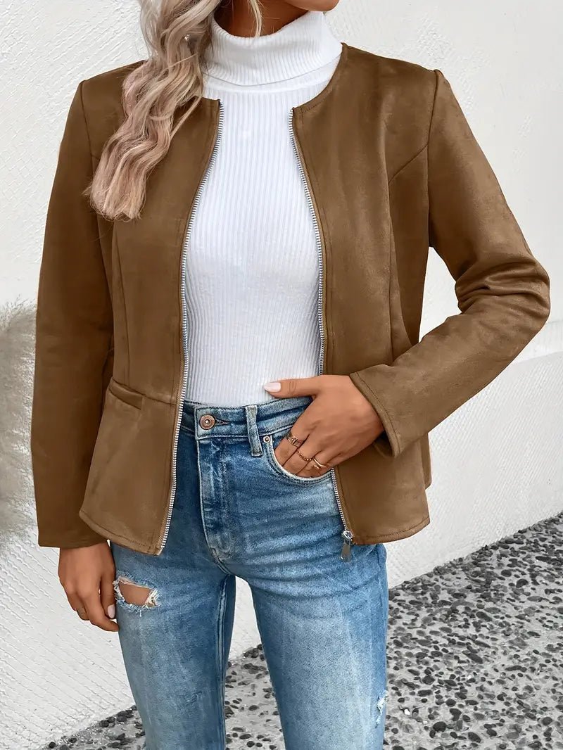 Women's - Tailored Jacket - Minimalist Zip-Up Design - Smart Casual Outerwear