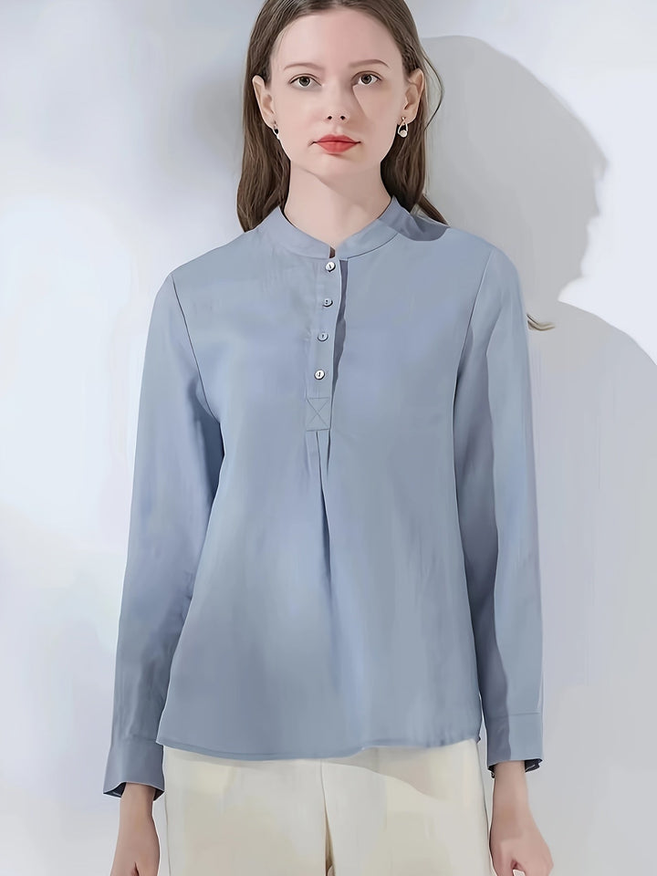 Women's - Linen Shirt - Light Blue Long-Sleeved with Split Sleeves - Elegant and Comfortable Style