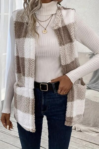 Women's - Cosy Sherpa Plaid Open Front Vest Coat - Stylish Layering Essential