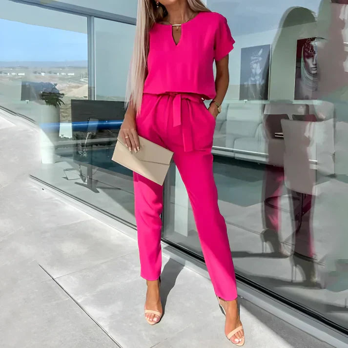 Women's - Elegant Jumpsuit with Waist Tie - Short Sleeves