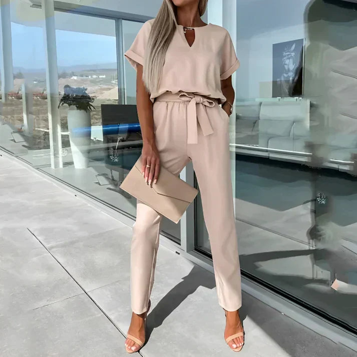 Women's - Elegant Jumpsuit with Waist Tie - Short Sleeves