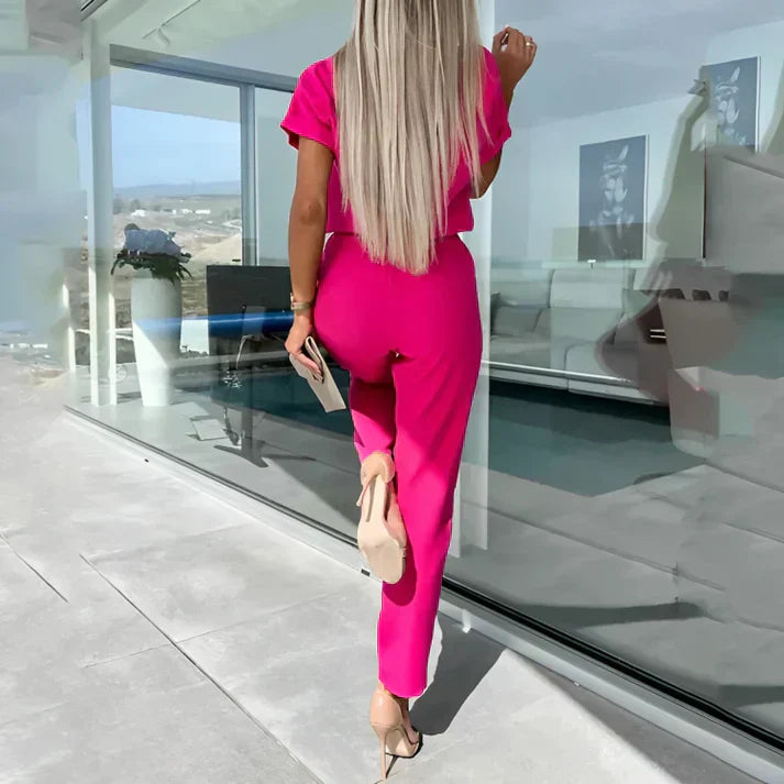 Women's - Elegant Jumpsuit with Waist Tie - Short Sleeves