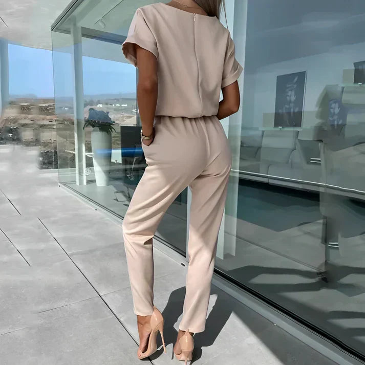 Women's - Elegant Jumpsuit with Waist Tie - Short Sleeves