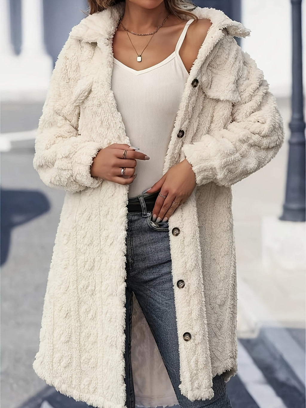 Women's - Fuzzy Longline Coat - Button Up, Long Sleeve, Cosy Style