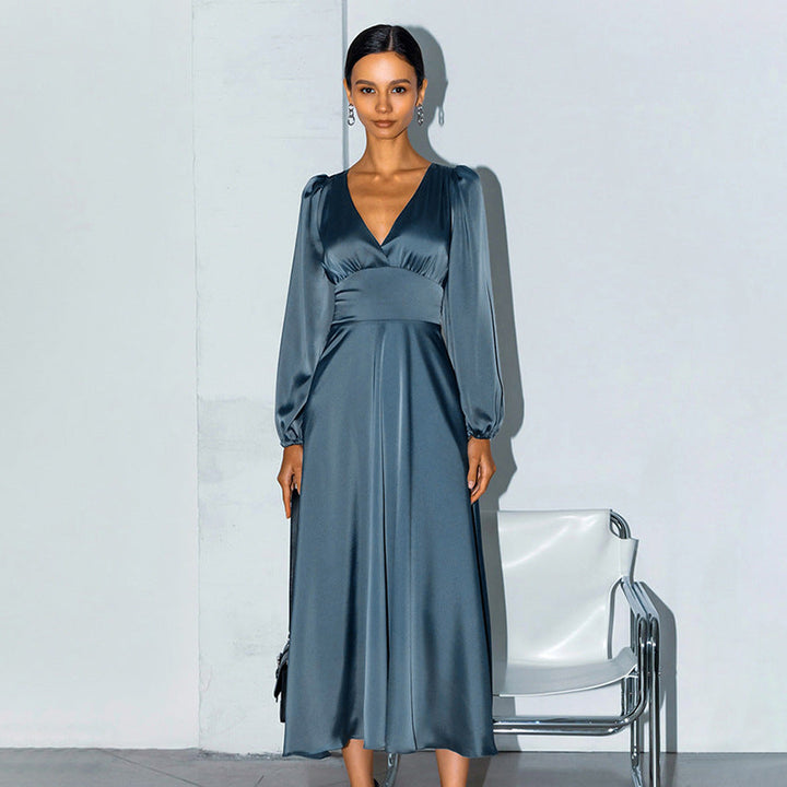 French Elegant satin dress with lantern sleeves