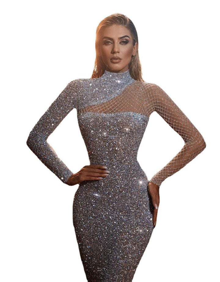 Luxurious off-the-shoulder S-shaped sequin dress with cut-out