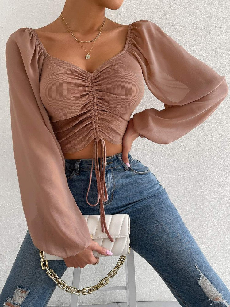 Off-the-shoulder long-sleeved blouse