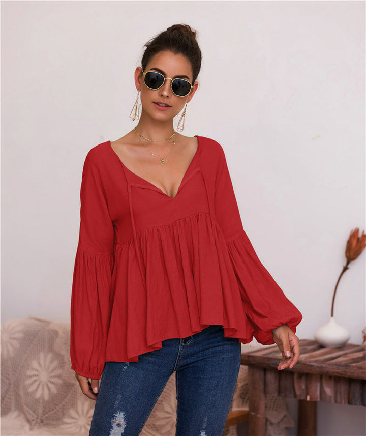 Puff sleeves single-coloured V-neck blouse T-shirt