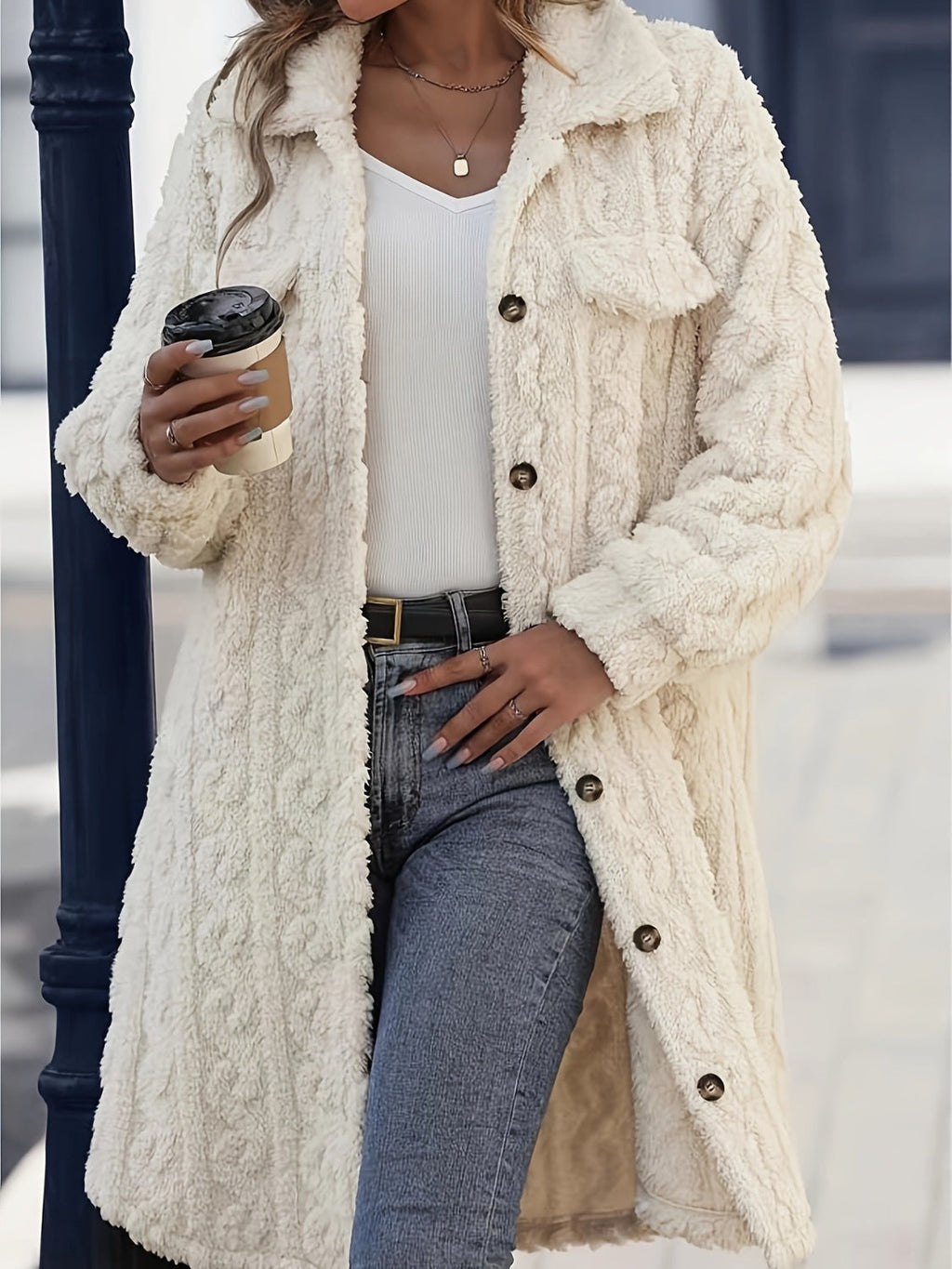 Women's - Fuzzy Longline Coat - Button Up, Long Sleeve, Cosy Style