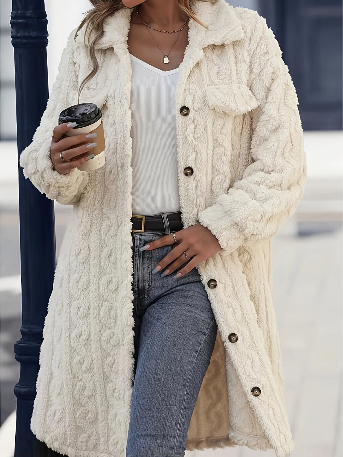 Women's - Fuzzy Longline Coat - Button Up, Long Sleeve, Cosy Style