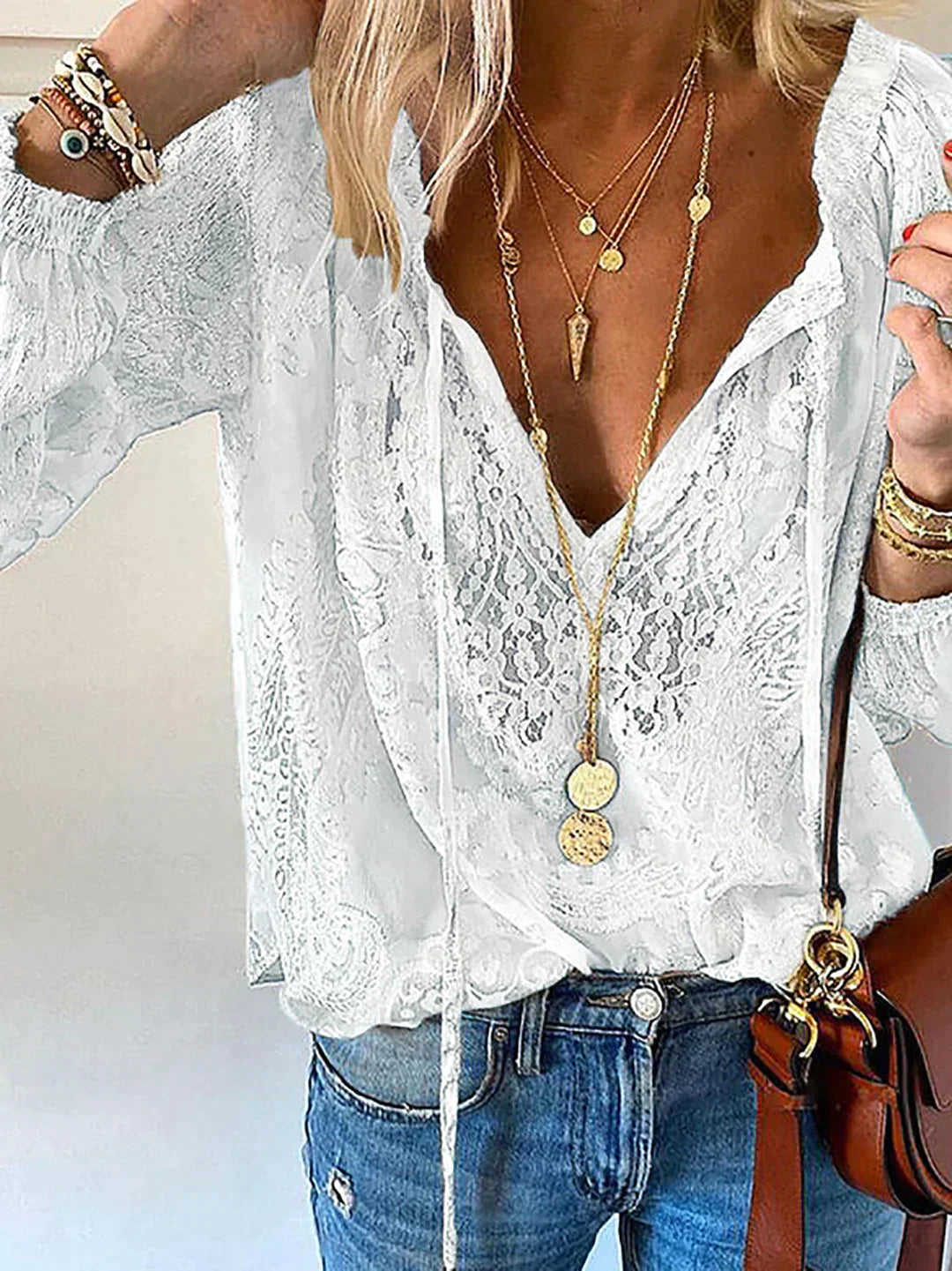 Long-sleeved lace chiffon blouse