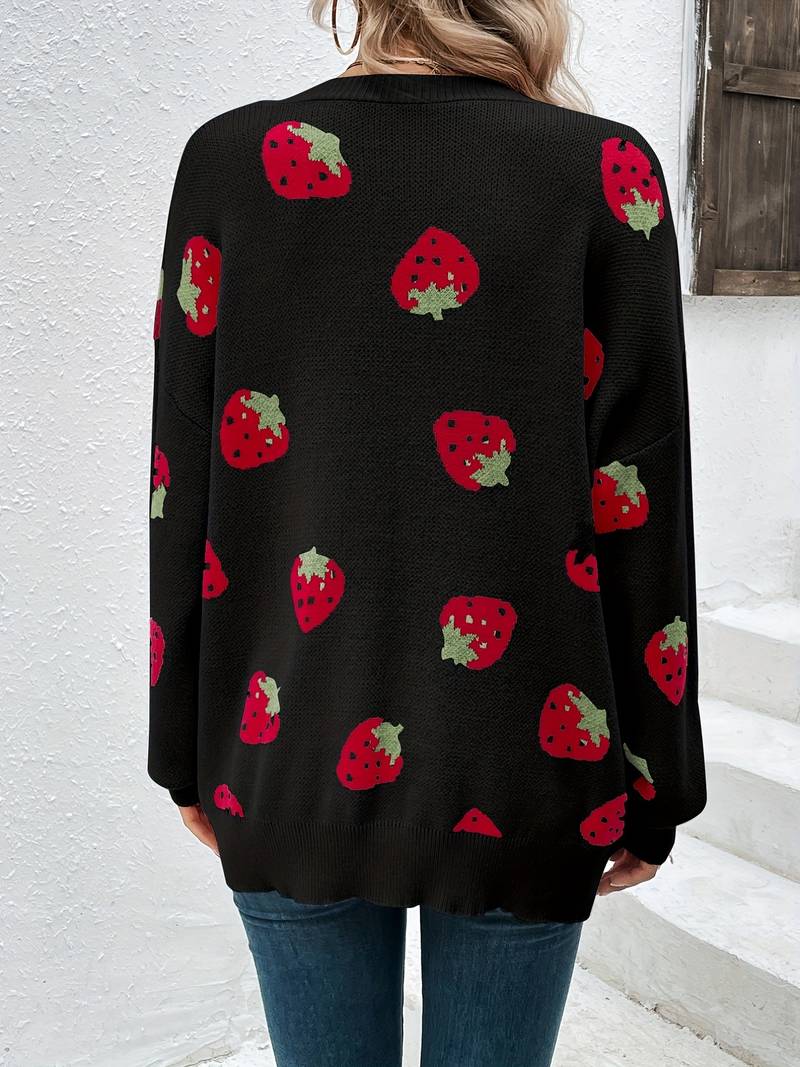 Stylish cardigan with long sleeves and strawberry print for autumn and spring